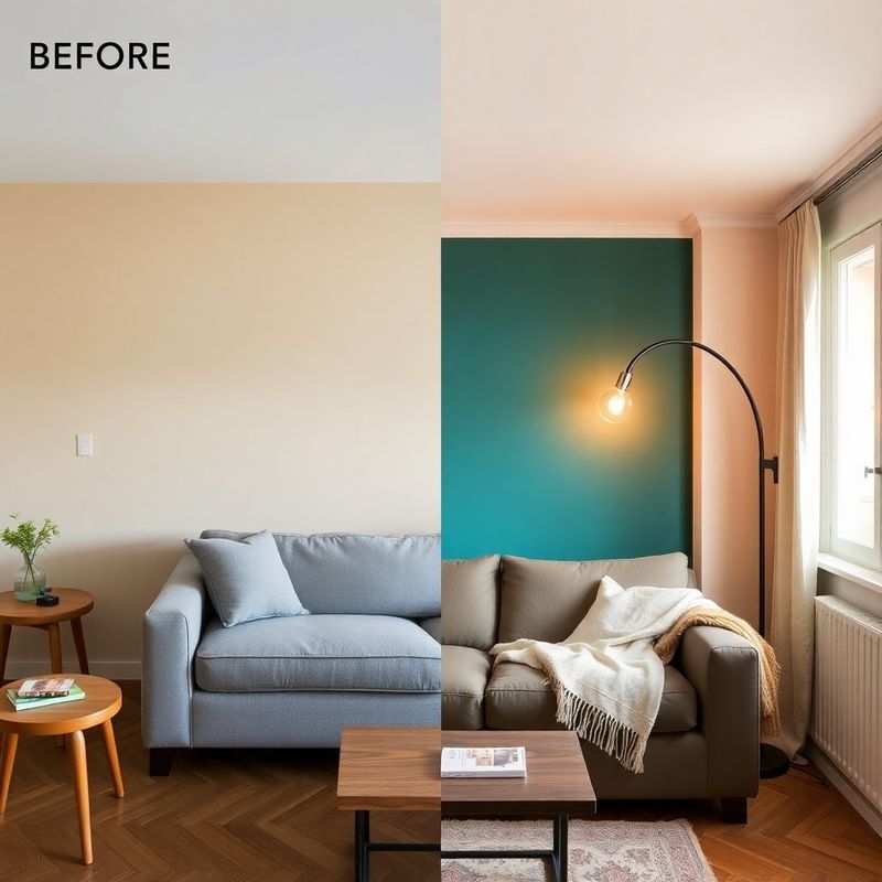 Antes y después de un salón en Lavapiés con pared teal y textiles naturales