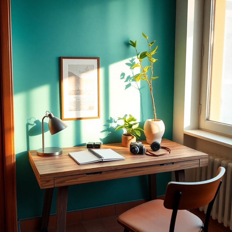 Rincón de trabajo con pared teal, cuaderno, cámara y planta en un escritorio de madera
