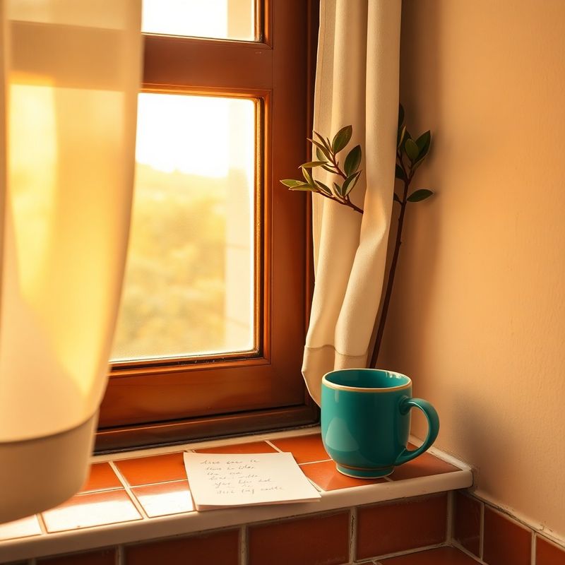 Rincón acogedor con taza de cerámica teal en una ventana con luz de tarde