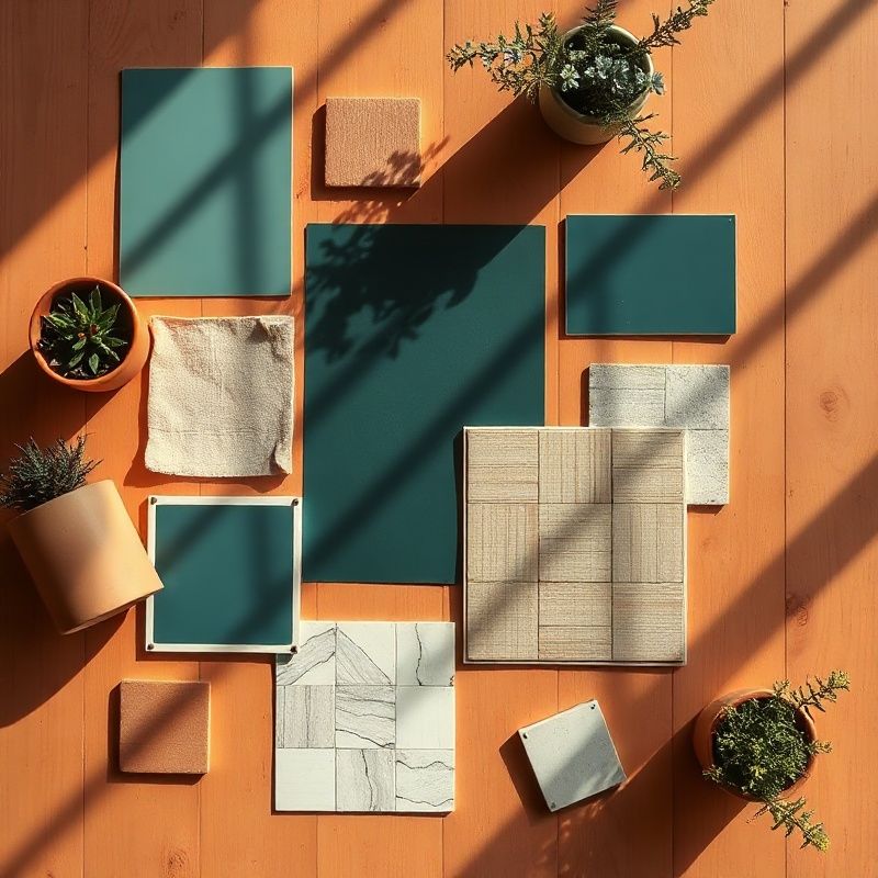 Mood board de decoración con muestras de pintura teal, tejidos de lino y cerámica sobre una mesa de madera