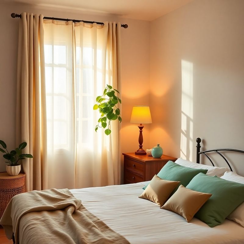 Dormitorio sereno con planta pothos y lámpara de mesa cálida